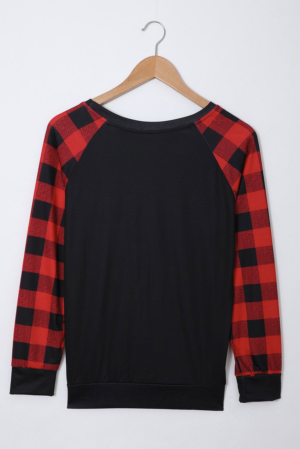 Merry Christmas Gray Long Sleeve Top featuring holiday-themed graphic and buffalo check sleeves.