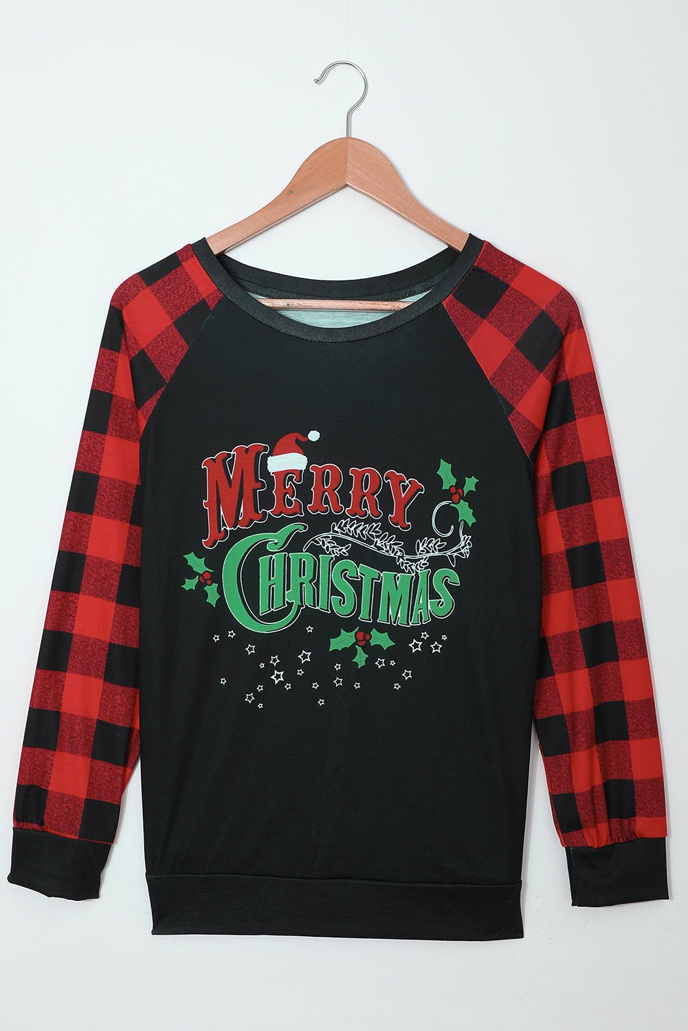 Merry Christmas Gray Long Sleeve Top featuring holiday-themed graphic and buffalo check sleeves.