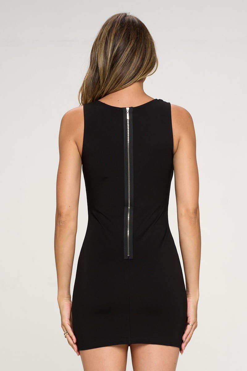 Elegant Mesh and Lace Appliqué Mini Dress displayed on a model, showcasing its bodycon fit and intricate detailing.