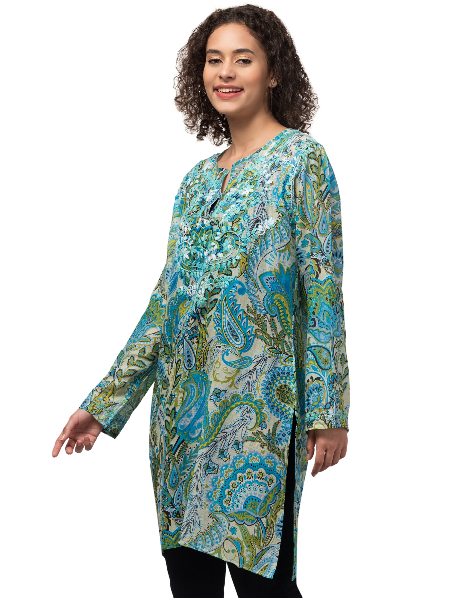 Mia Magic Blue Tunic Top featuring vibrant blue color and intricate hand-embroidered detailing, showcasing traditional Indian craftsmanship.