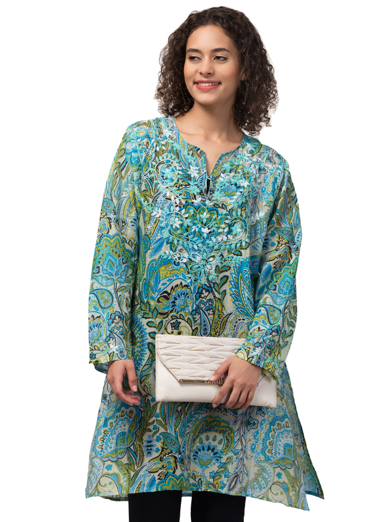 Mia Magic Blue Tunic Top featuring vibrant blue color and intricate hand-embroidered detailing, showcasing traditional Indian craftsmanship.