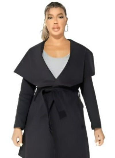 A stylish mid length oversized belted waterfall coat with a waterfall collar, perfect for layering over outfits.