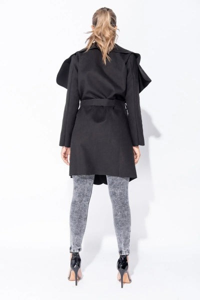 A stylish mid length oversized belted waterfall coat with a waterfall collar, perfect for layering over outfits.