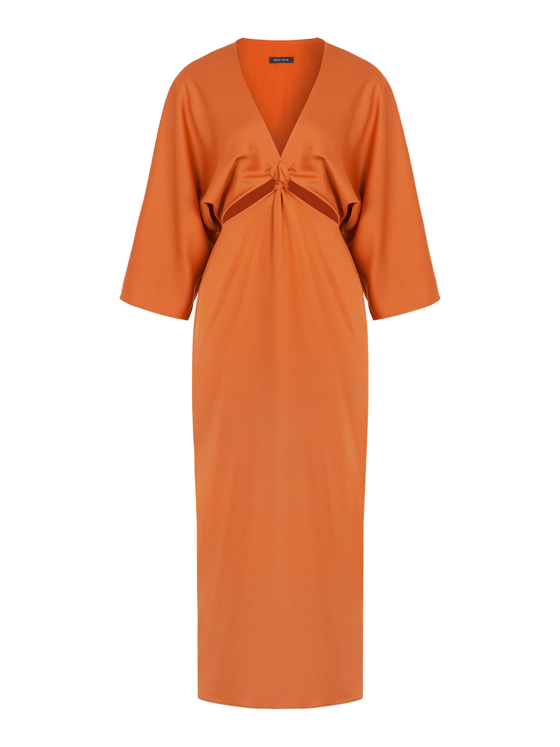 A stylish midi dress featuring a deep V-neck, wide batwing sleeves, and a front button closure, perfect for various occasions.