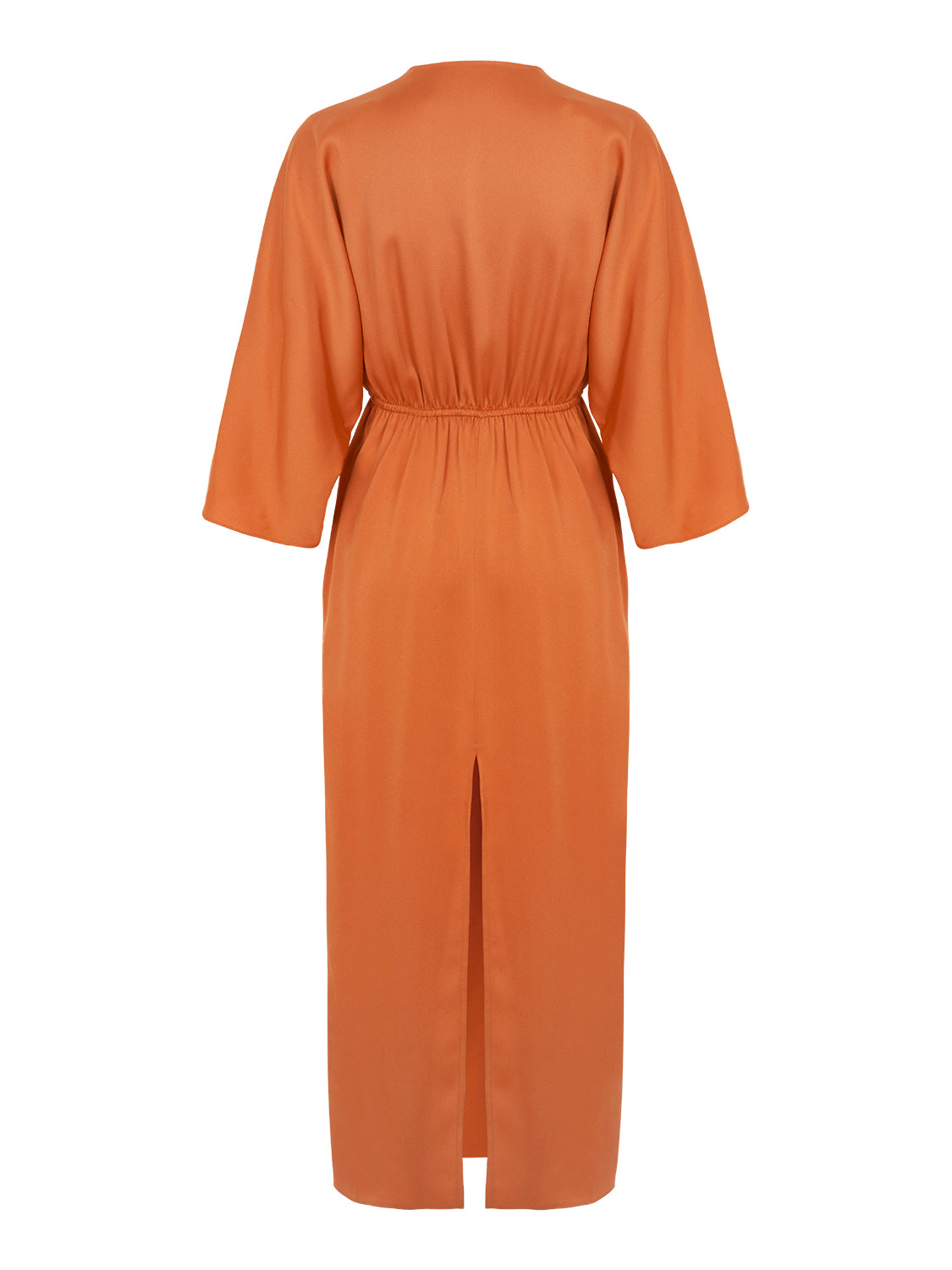 A stylish midi dress featuring a deep V-neck, wide batwing sleeves, and a front button closure, perfect for various occasions.