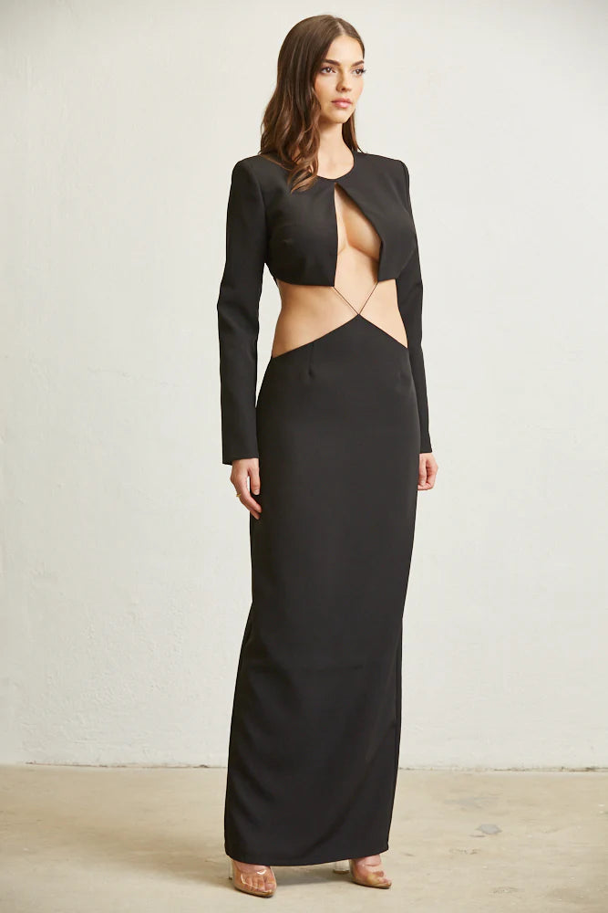 A stunning Midnight Glamour Dress featuring a darted bodice, daring cutouts, and a sleek sheath silhouette, perfect for evening events.