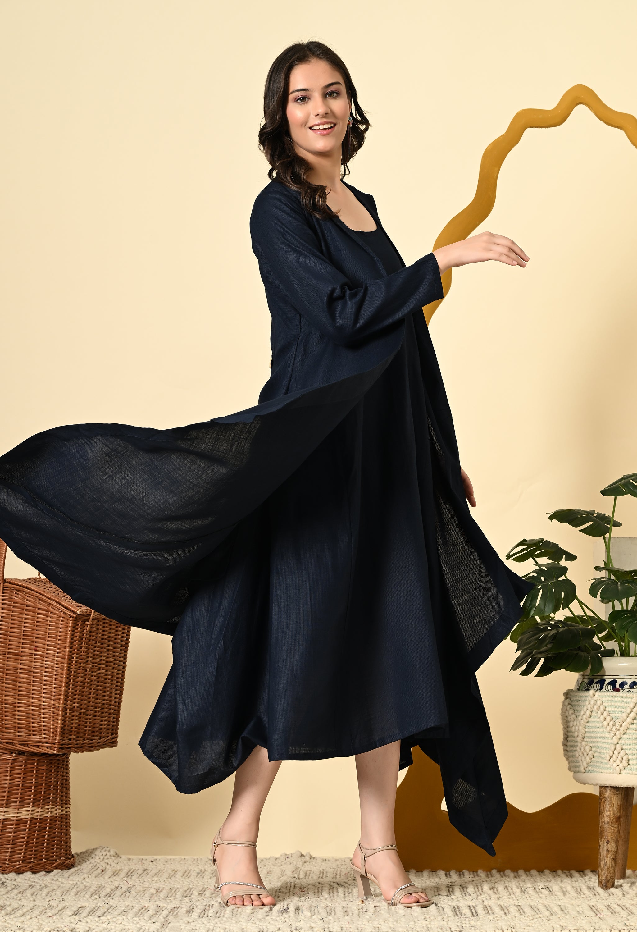 Midnight Linen Cowl Dress featuring a loose fit, cowl neck, and high-low jacket in navy blue, perfect for casual and formal occasions.