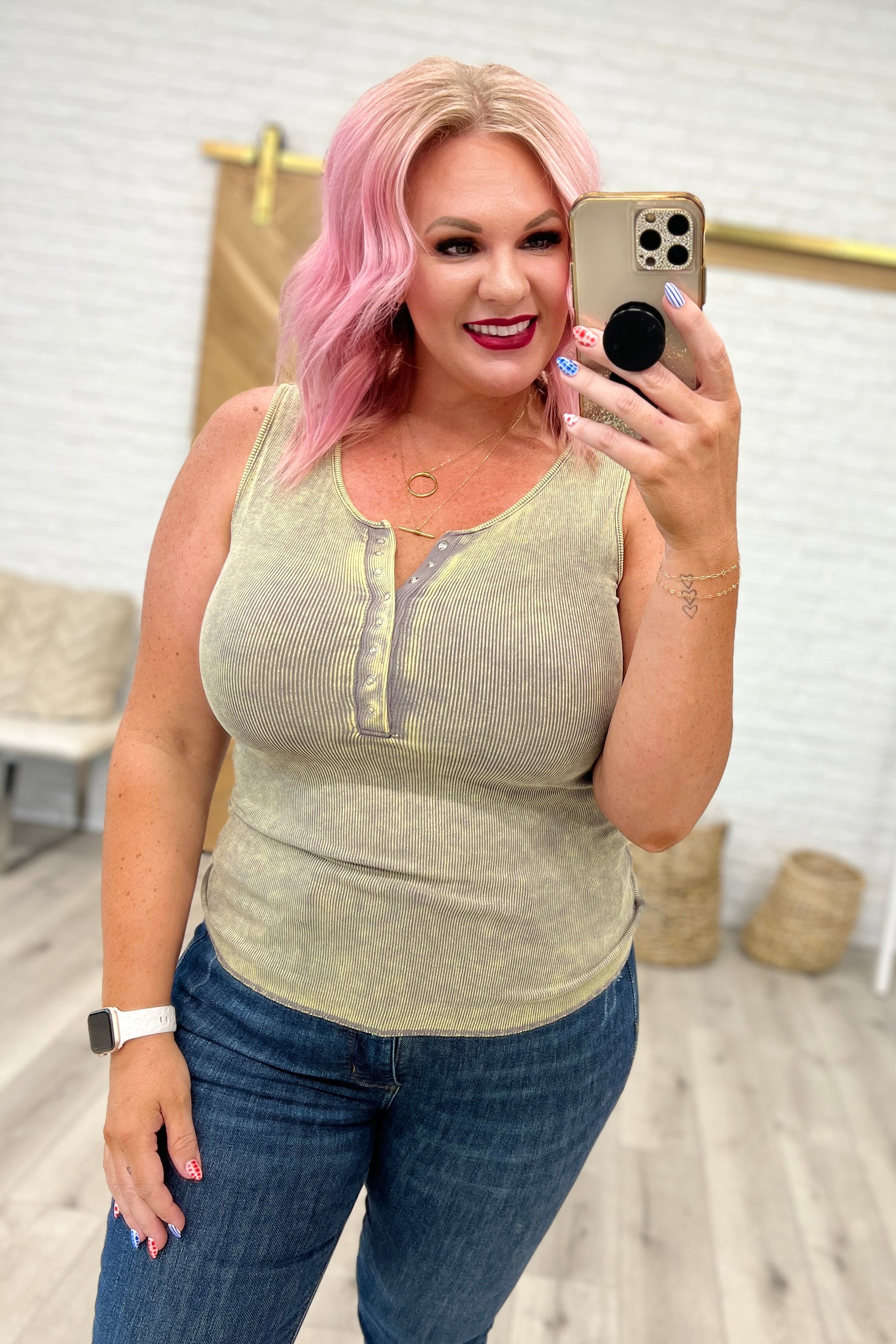 Mineral Washed Ribbed Henley Tank in Mocha Grey, featuring a scoop neckline and functional snaps.