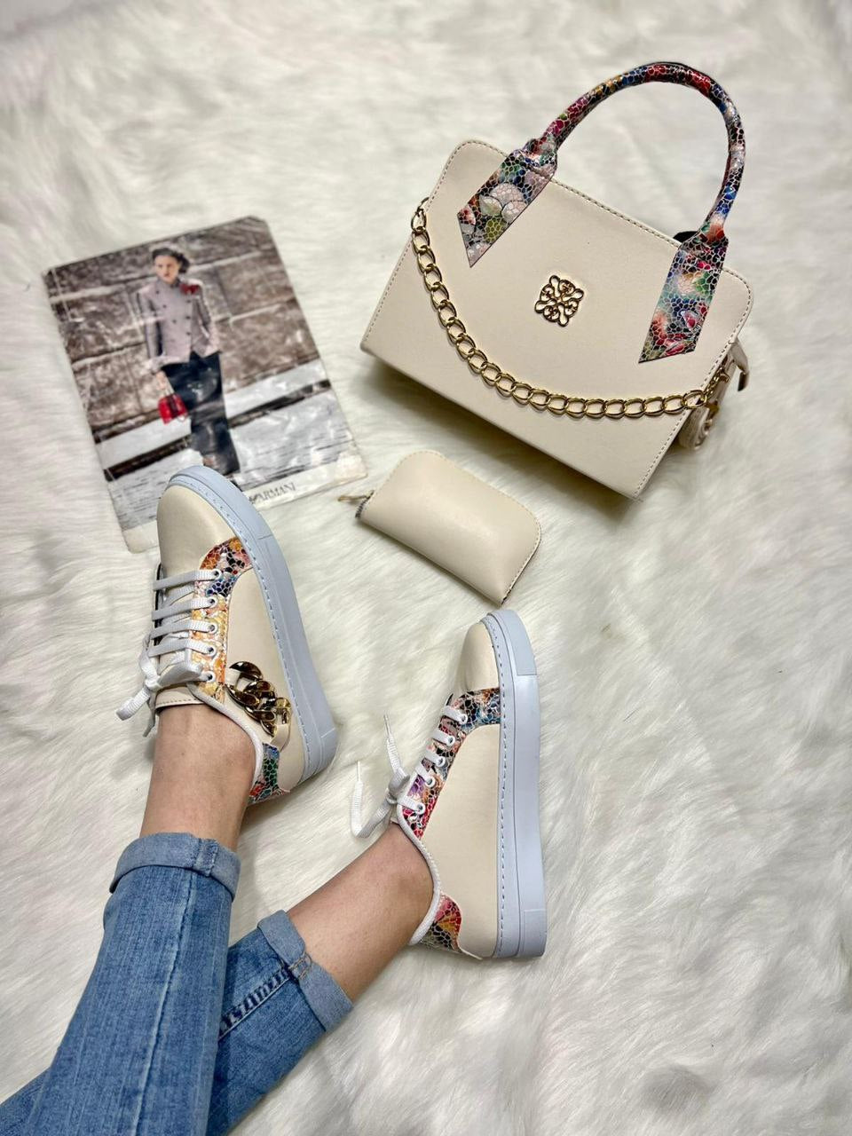 A stylish Mini Bag Sneaker & Wallet Matching Set featuring a medium bag, trendy sneakers, and a matching wallet in PU leather.