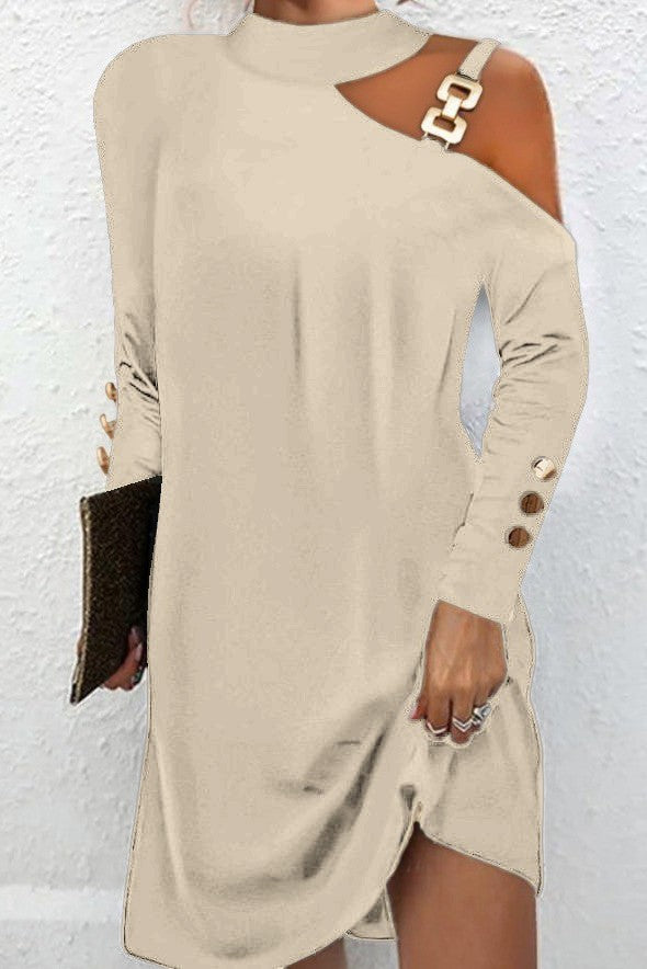 Beige mini dress featuring metallic details, off-the-shoulder neckline, and long sleeves with decorative buttons.