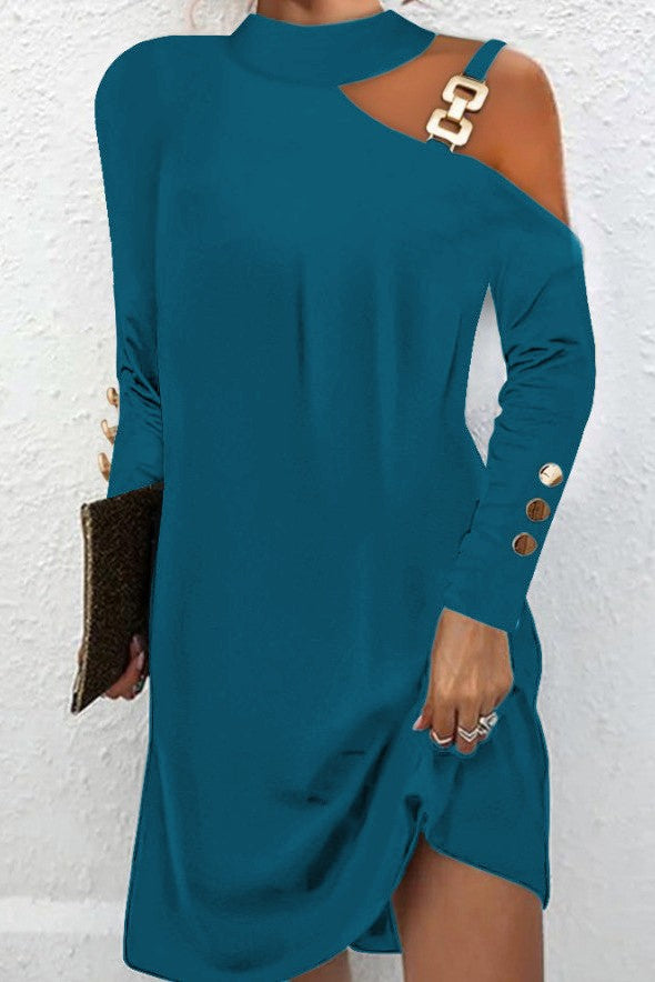 A stylish petrol mini dress featuring metallic details, off-the-shoulder neckline, and long sleeves with decorative buttons.