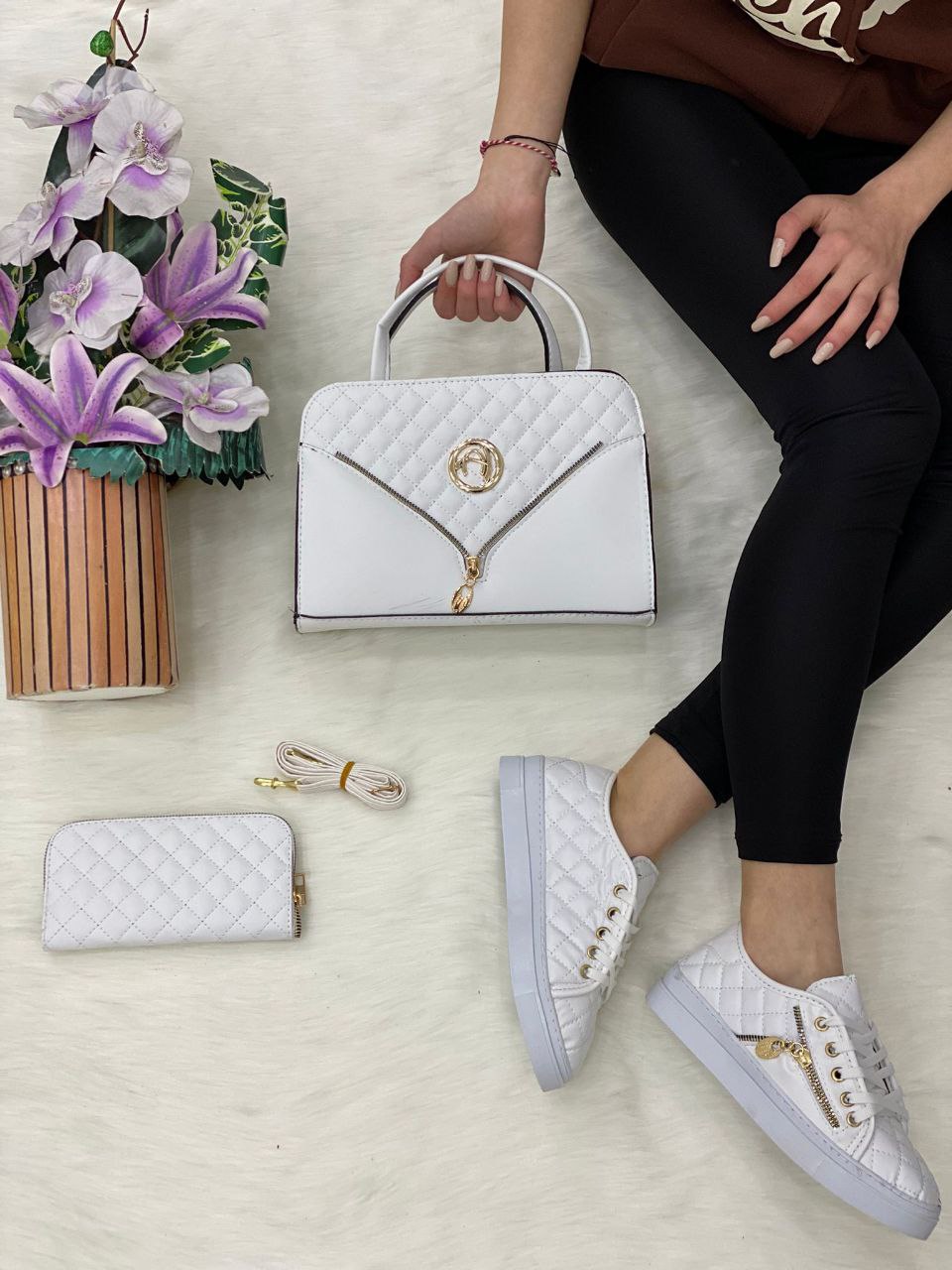 A stylish Mini Handbag 3 Piece Matching Set featuring a medium handbag, trendy sneakers, and a matching wallet in PU leather.