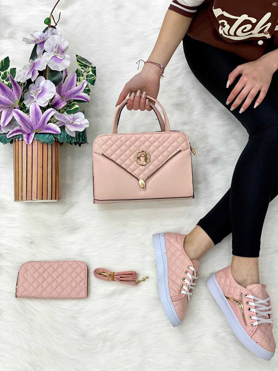 A stylish Mini Handbag 3 Piece Matching Set featuring a medium handbag, trendy sneakers, and a matching wallet in PU leather.