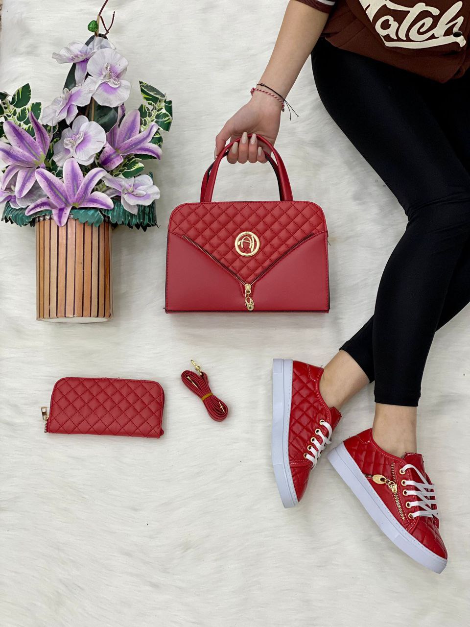 A stylish Mini Handbag 3 Piece Matching Set featuring a medium handbag, trendy sneakers, and a matching wallet in PU leather.