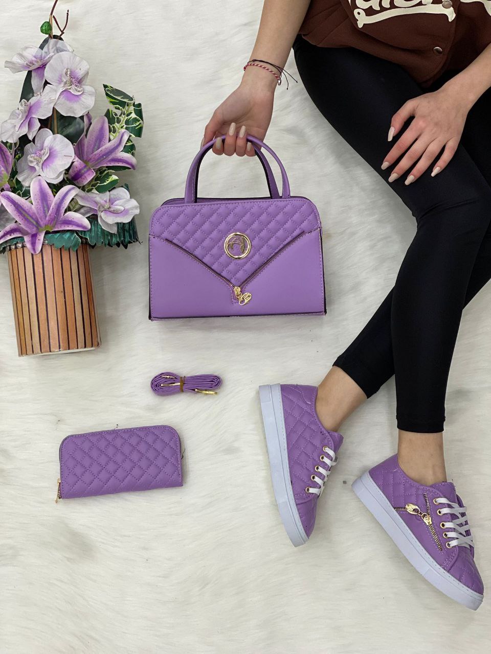 A stylish Mini Handbag 3 Piece Matching Set featuring a medium handbag, trendy sneakers, and a matching wallet in PU leather.