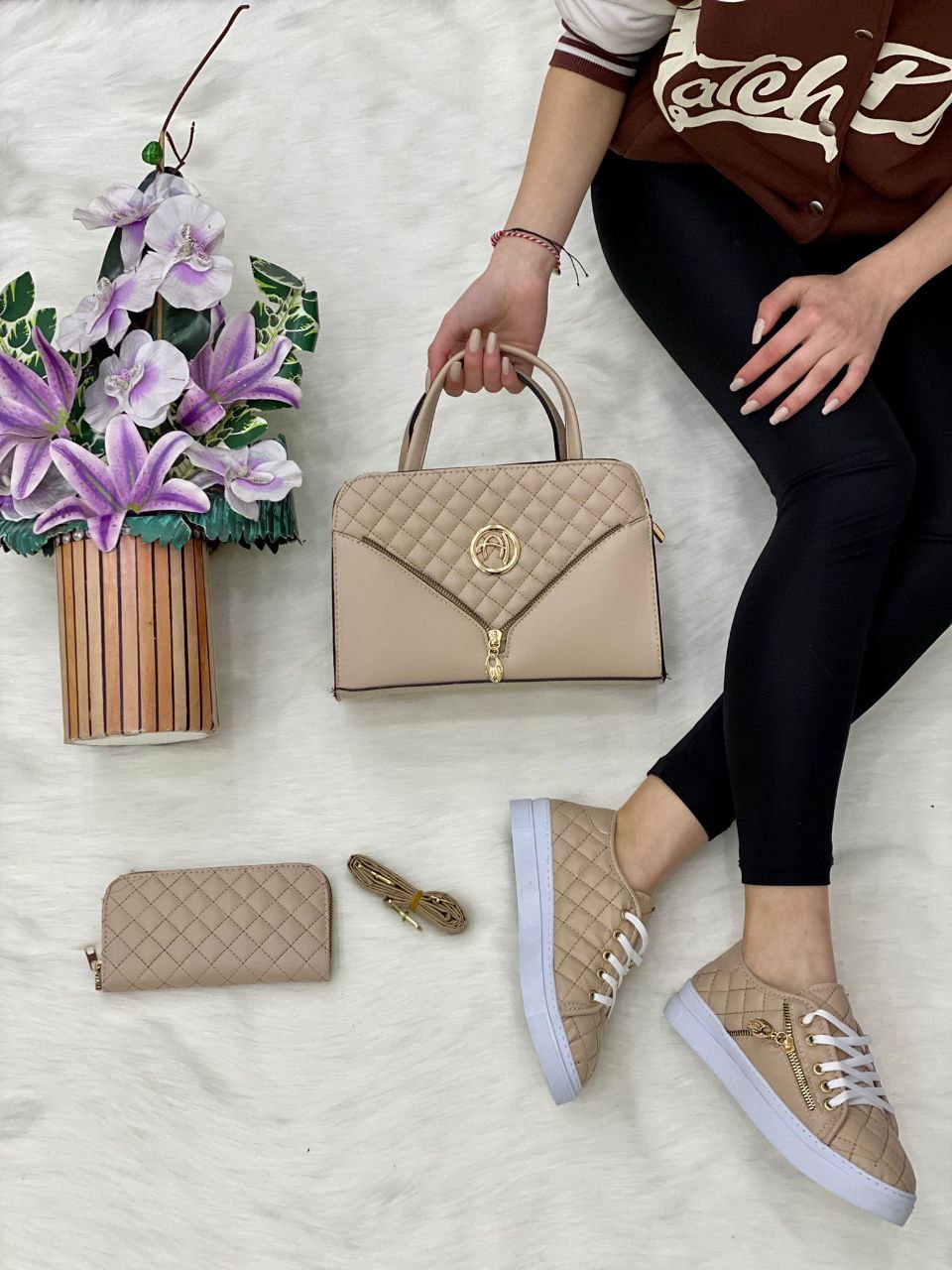 A stylish Mini Handbag 3 Piece Matching Set featuring a medium handbag, trendy sneakers, and a matching wallet in PU leather.