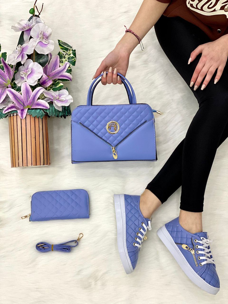 A stylish Mini Handbag 3 Piece Matching Set featuring a medium handbag, trendy sneakers, and a matching wallet in PU leather.