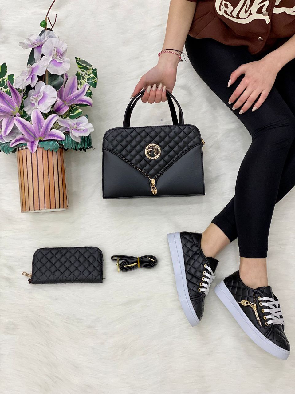 A stylish Mini Handbag 3 Piece Matching Set featuring a medium handbag, trendy sneakers, and a matching wallet in PU leather.