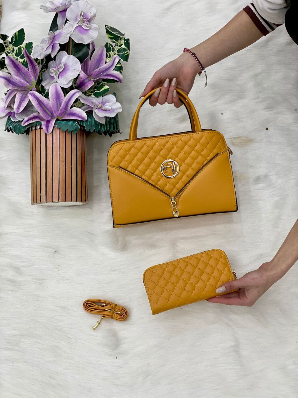 A stylish Mini Handbag 3 Piece Matching Set featuring a medium handbag, trendy sneakers, and a matching wallet in PU leather.