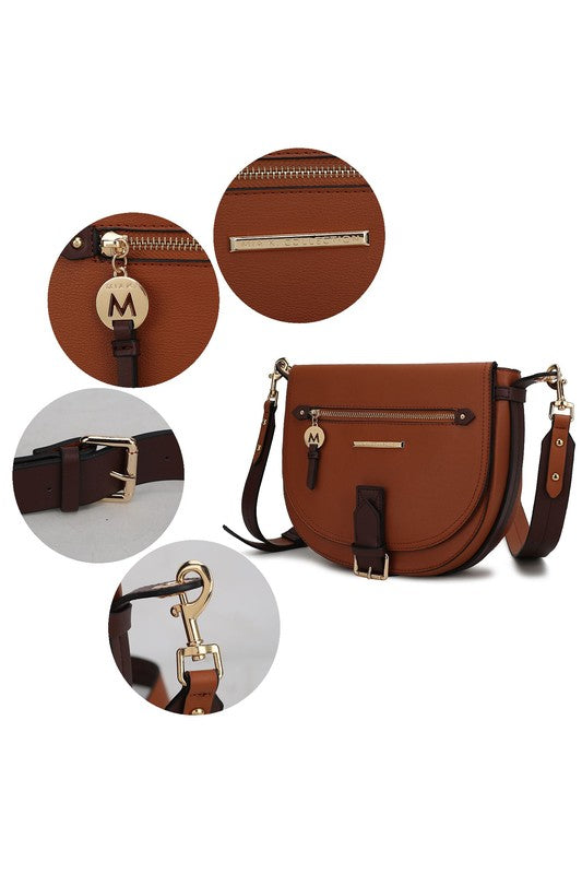 MKF Drew Shoulder Handbag in color block design with gold tone embellishments, featuring a detachable shoulder strap and matching wallet.