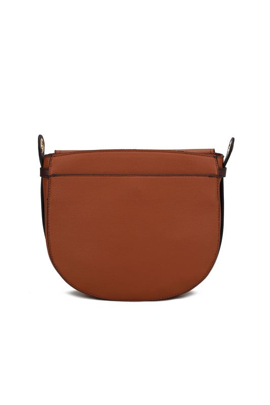 MKF Drew Shoulder Handbag in color block design with gold tone embellishments, featuring a detachable shoulder strap and matching wallet.