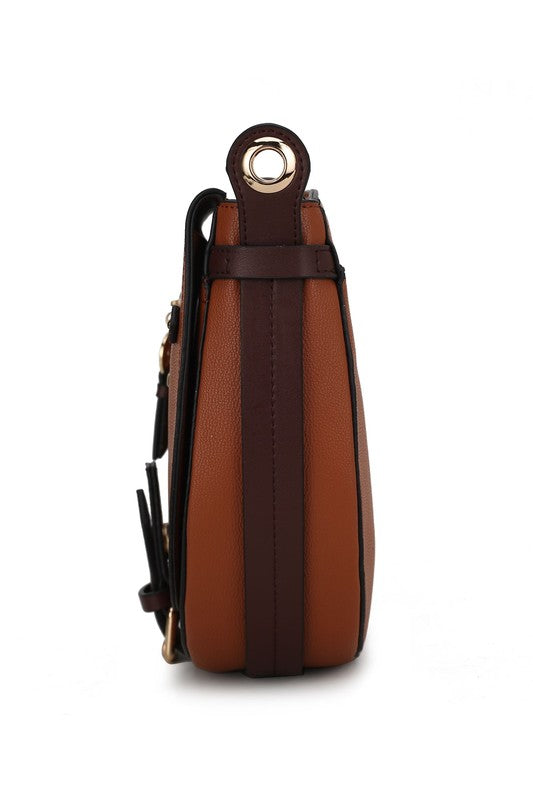 MKF Drew Shoulder Handbag in color block design with gold tone embellishments, featuring a detachable shoulder strap and matching wallet.