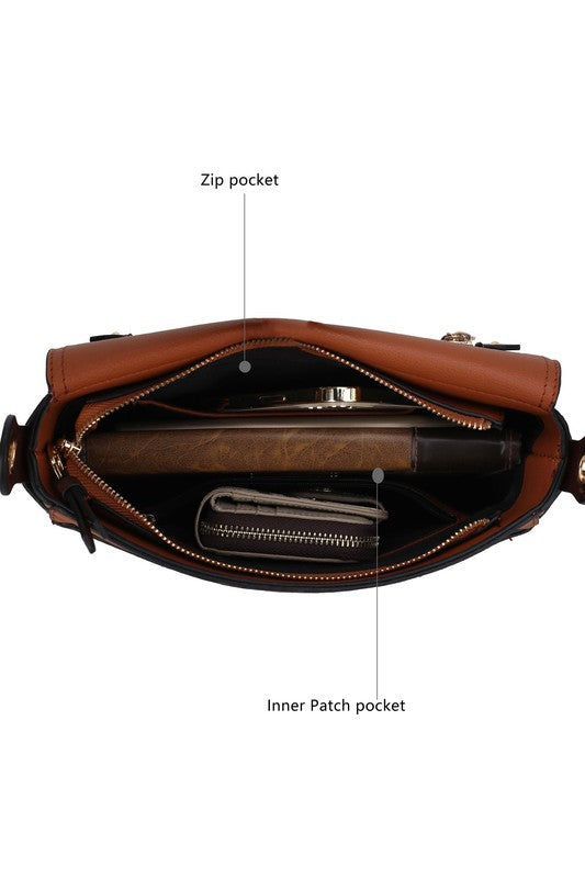 MKF Drew Shoulder Handbag in color block design with gold tone embellishments, featuring a detachable shoulder strap and matching wallet.