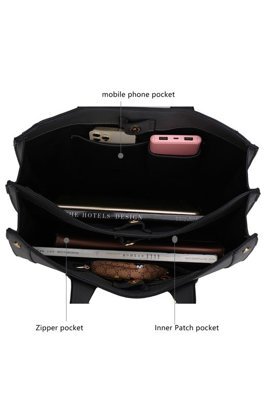 MKF Stella Tote Handbag in vegan leather with gold embellishments and embroidery, showcasing its structured design and spacious compartments.