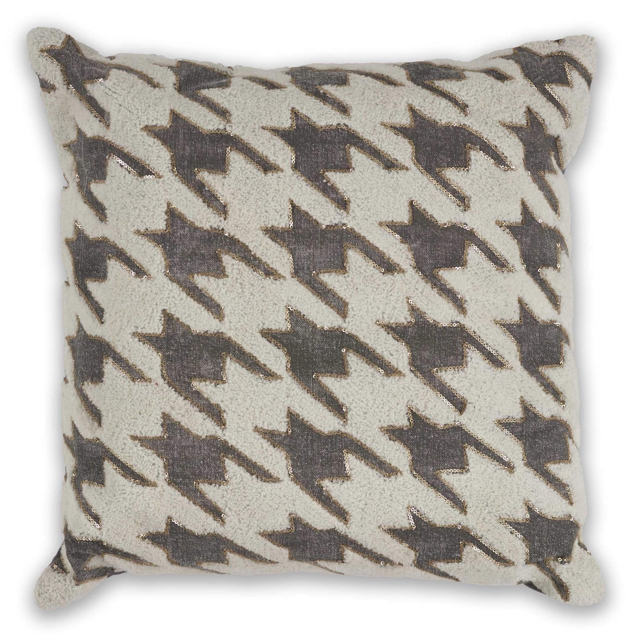 Modern Square Gray Houndstooth Accent Pillow featuring a stylish gray pattern on soft stone-washed cotton fabric.
