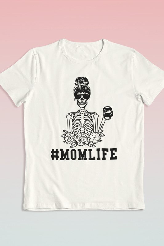 MOMLIFE Skeleton Halloween Graphic Tee in solid black with vintage skeleton print, made from 100% premium pre-shrunk cotton.