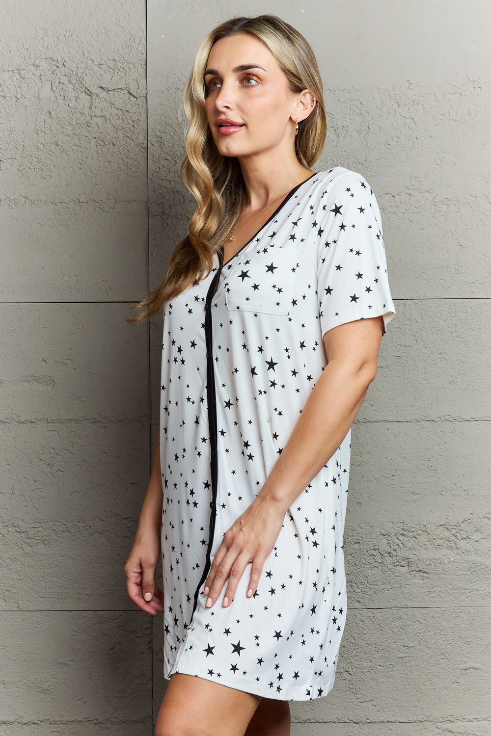 MOON NITE Quilted Quivers Button Down Sleepwear Dress featuring a button-down design, short sleeves, and a relaxed fit in a stylish pattern.