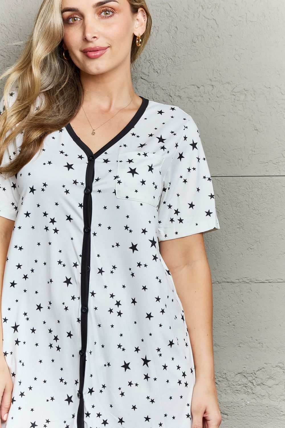 MOON NITE Quilted Quivers Button Down Sleepwear Dress featuring a button-down design, short sleeves, and a relaxed fit in a stylish pattern.