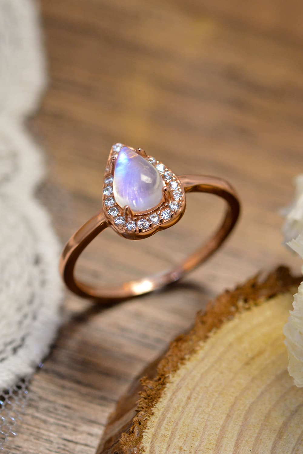 Moonstone Teardrop 925 Sterling Silver Halo Ring featuring a natural moonstone in a minimalist design with zircon accents.