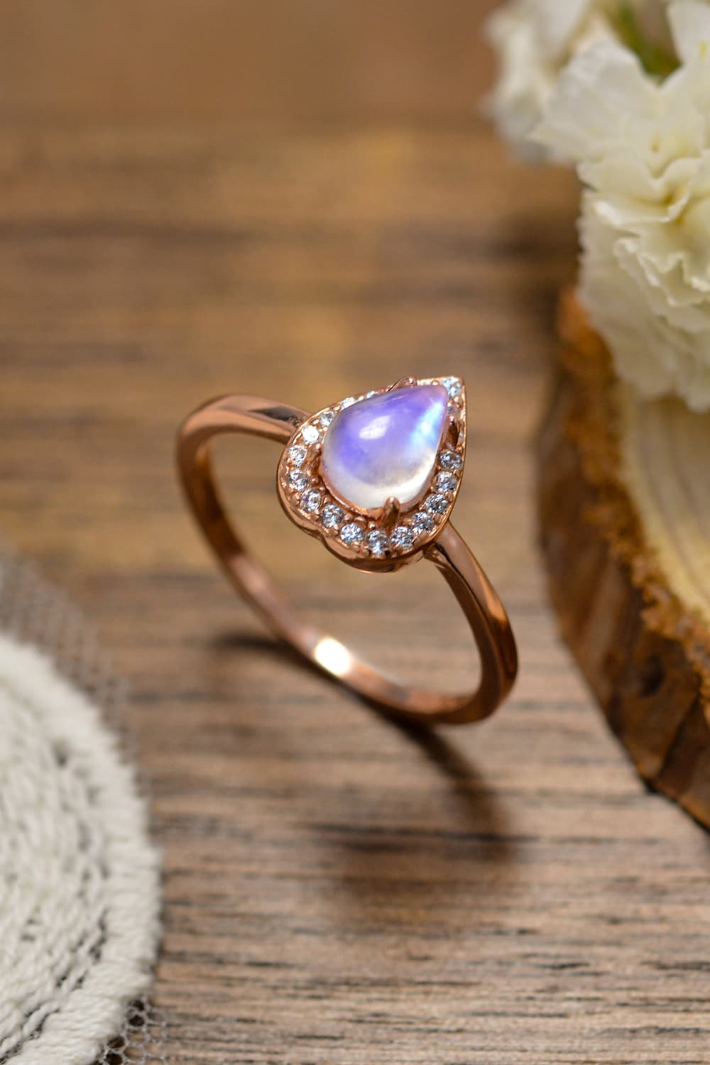 Moonstone Teardrop 925 Sterling Silver Halo Ring featuring a natural moonstone in a minimalist design with zircon accents.