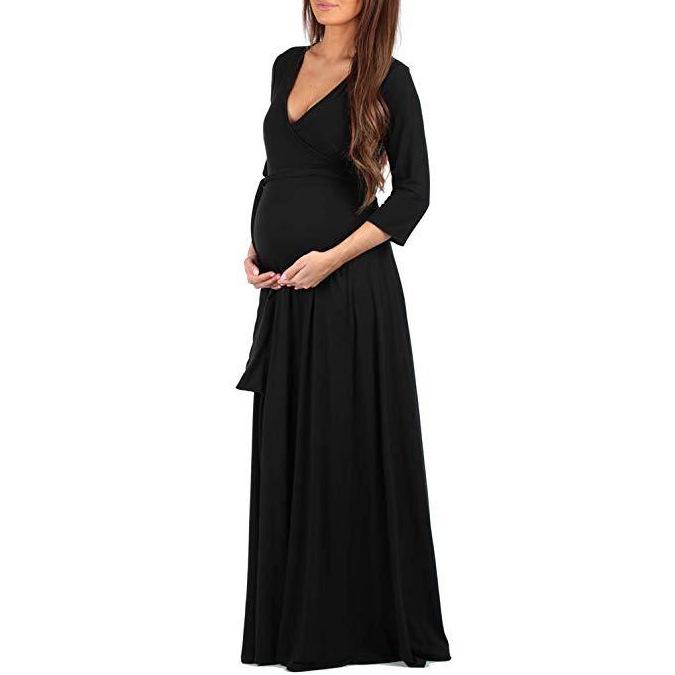 Mopping Dress featuring a deep V-neck and 3/4 sleeves, designed for pregnant women, showcasing a solid color fabric.