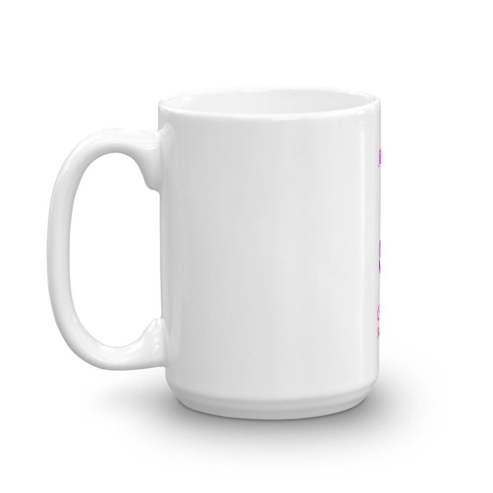 A glossy white ceramic mug with the phrase 'Because Shopping Cures Me' printed in vibrant colors, perfect for coffee or tea.