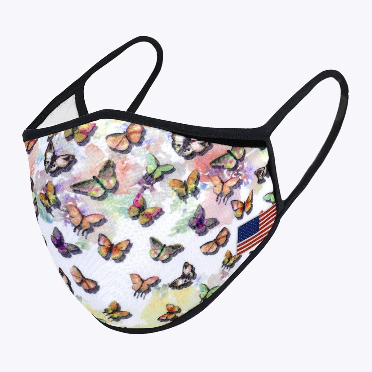 Multi Butterflies 3-Layered Face Cover featuring a vibrant butterfly print, made of polyester and cotton, designed for comfort and protection.