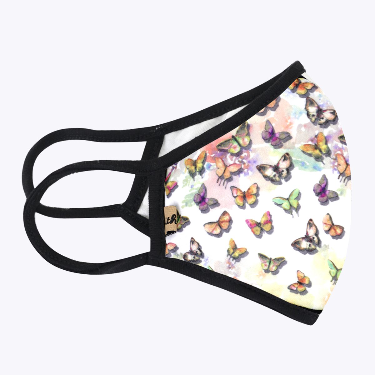 Multi Butterflies 3-Layered Face Cover featuring a vibrant butterfly print, made of polyester and cotton, designed for comfort and protection.
