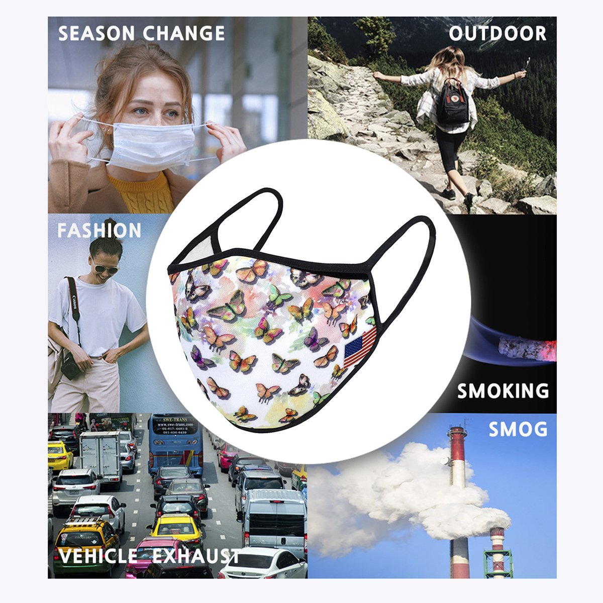 Multi Butterflies 3-Layered Face Cover featuring a vibrant butterfly print, made of polyester and cotton, designed for comfort and protection.