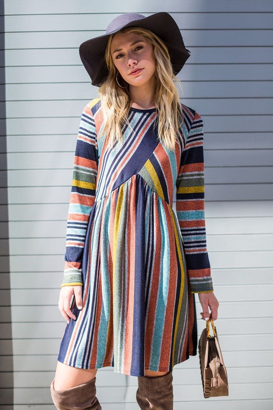 A vibrant Multi Color Cross Stripe Midi Dress featuring a stylish cross stripe pattern, perfect for various occasions.