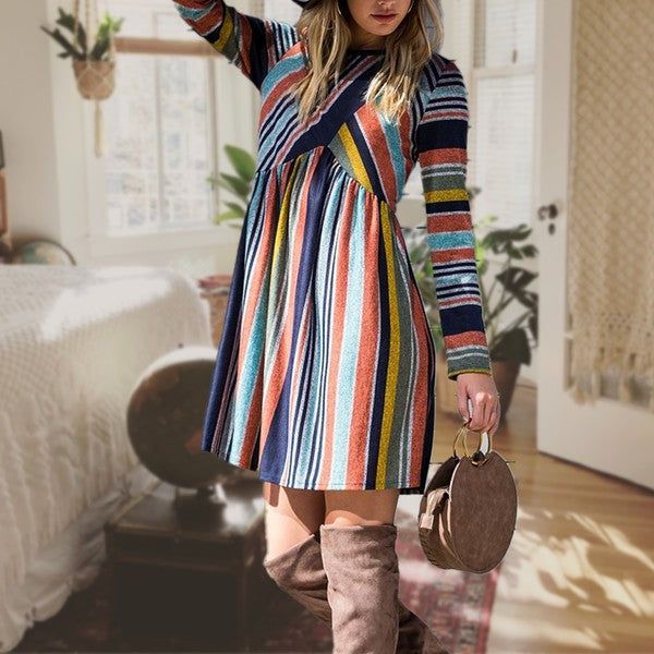 A vibrant Multi Color Cross Stripe Midi Dress featuring a stylish cross stripe pattern, perfect for various occasions.