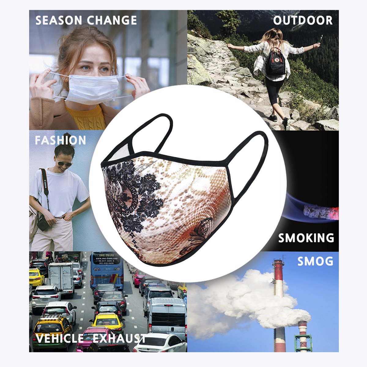 Multi DaCover 3-Layered Face Cover in unique print design, showcasing its polyester exterior and cotton interior.