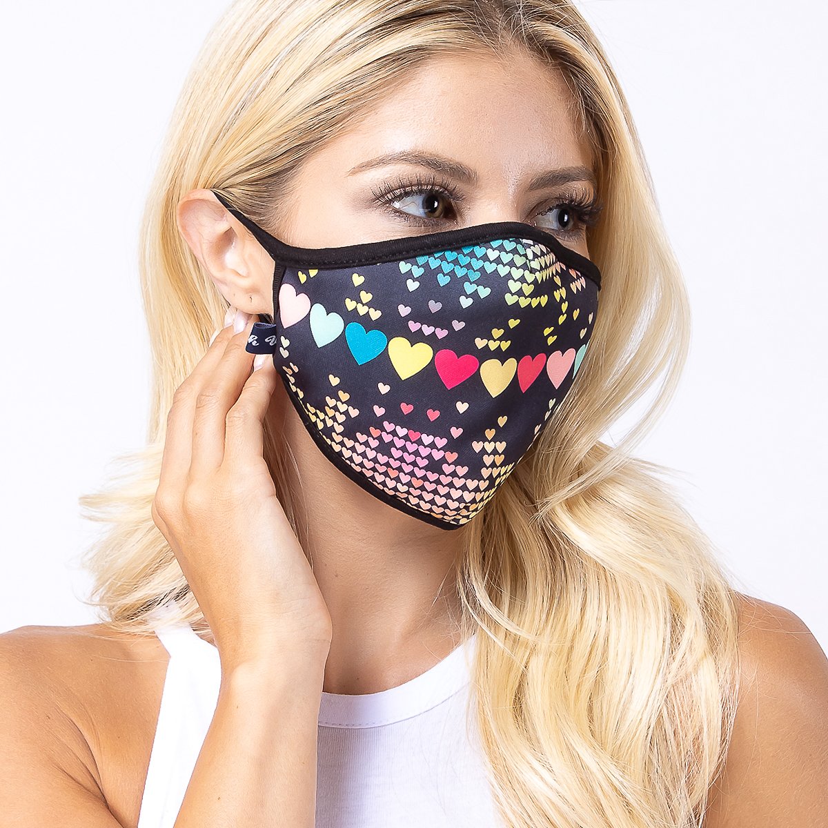 Multi Hearts 3-Layered Face Cover featuring a vibrant heart print design, made from polyester and cotton, suitable for unisex wear.