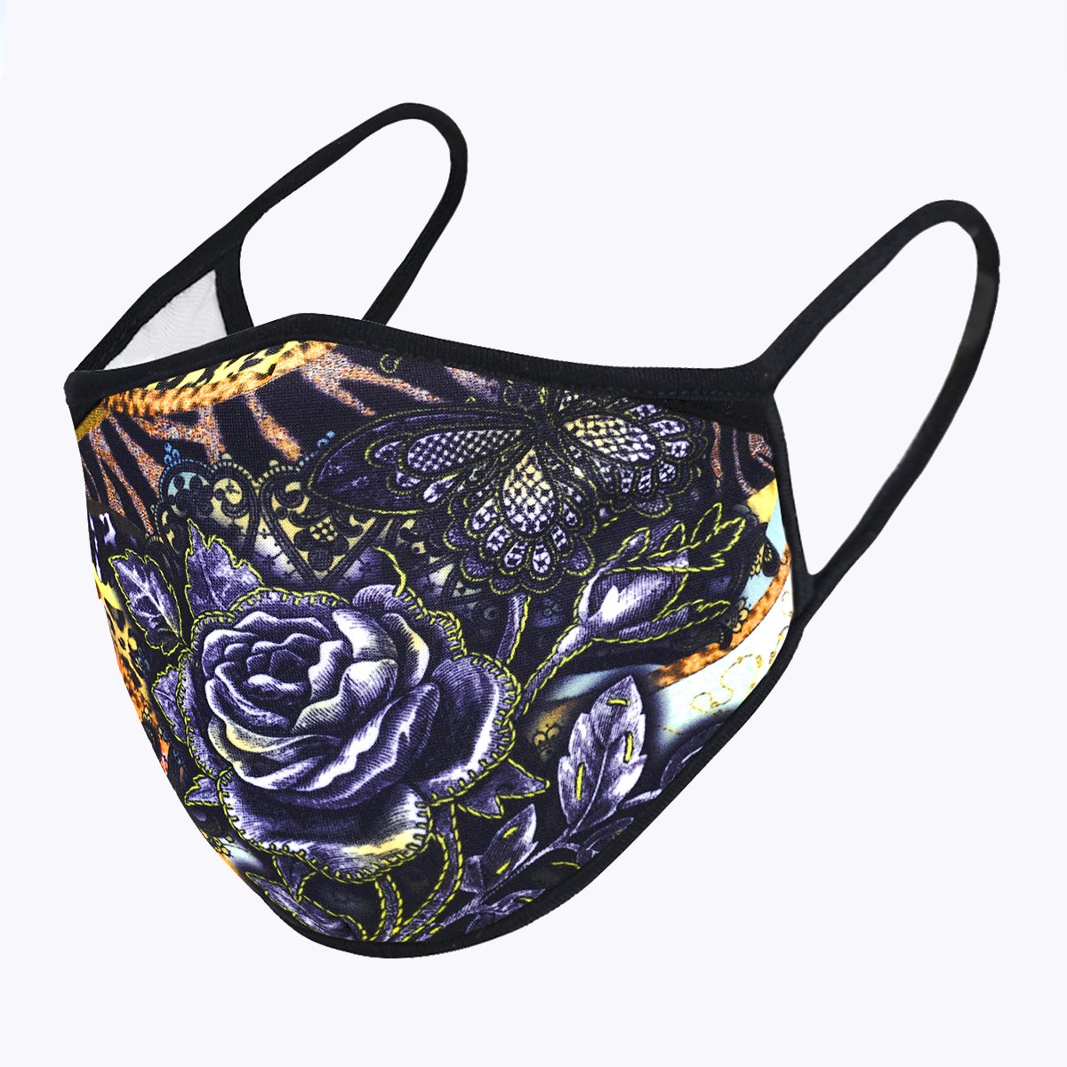 Multi Purpler Flower 3-Layered Face Cover featuring a vibrant floral design, made from polyester and cotton, suitable for unisex wear.