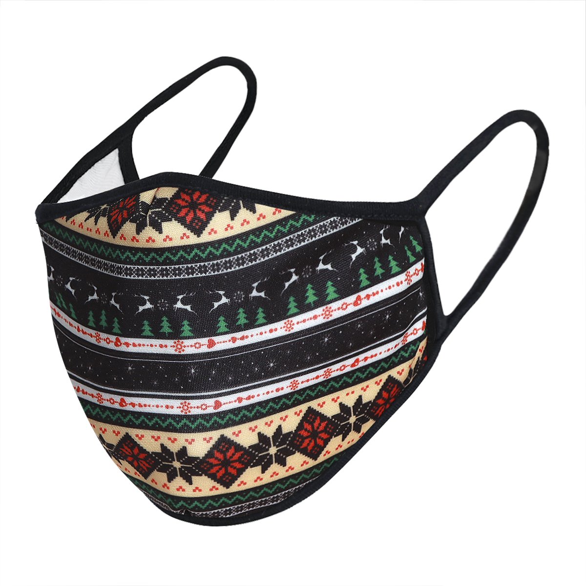 Multi Stripe Christmas 3-Layered Face Cover featuring a vibrant multi-stripe design, made from polyester and cotton, suitable for unisex wear.