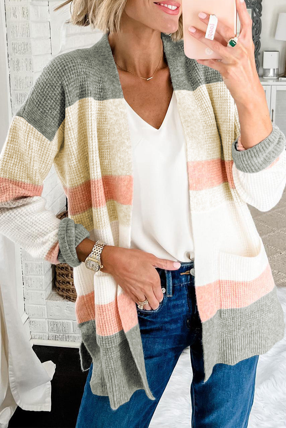 Multicolor color block striped open cardigan with pockets, perfect for winter layering.