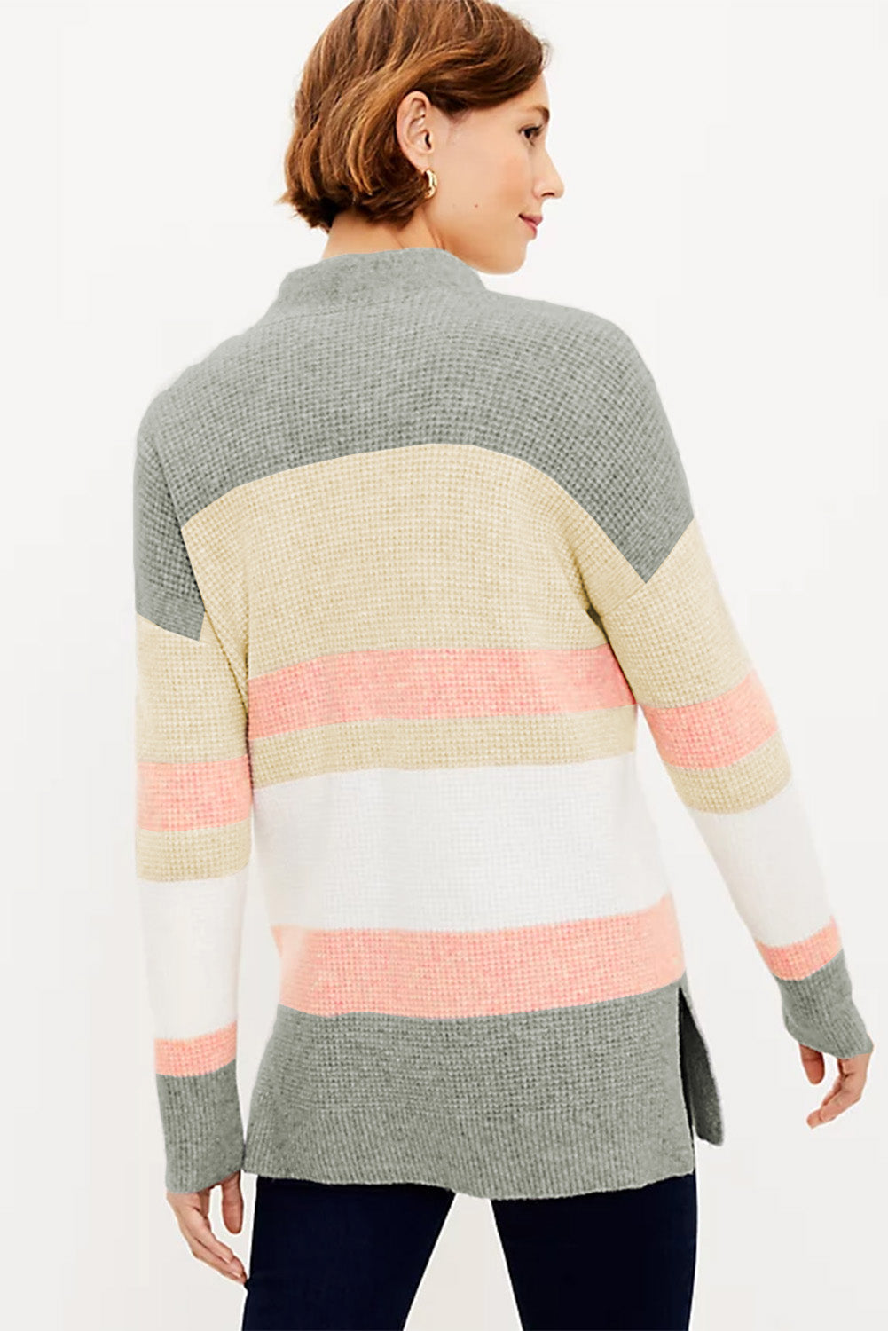 Multicolor color block striped open cardigan with pockets, perfect for winter layering.