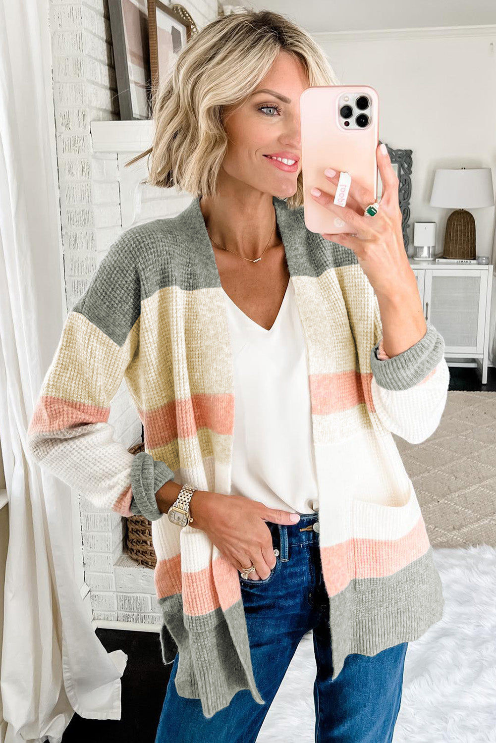 Multicolor color block striped open cardigan with pockets, perfect for winter layering.