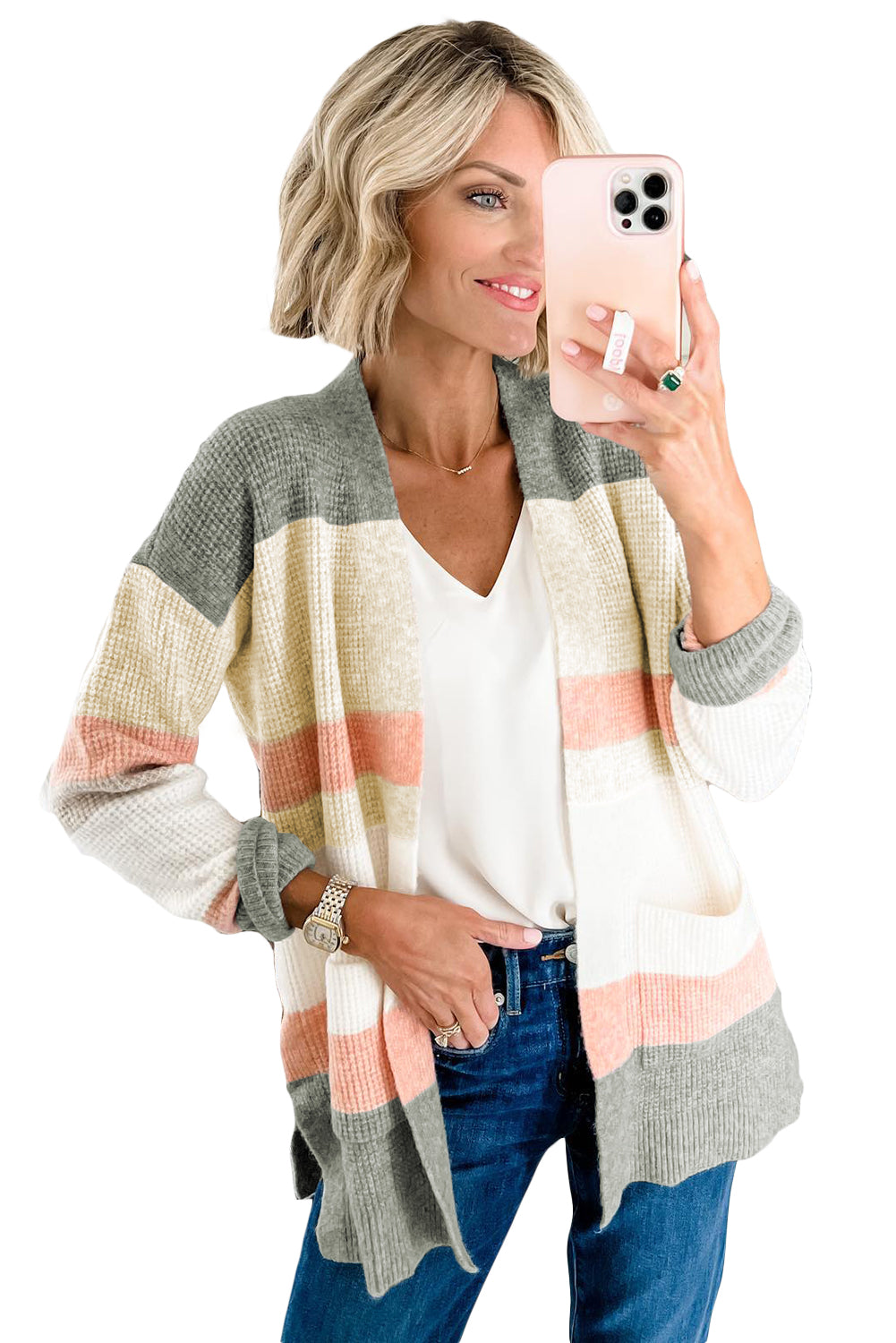 Multicolor color block striped open cardigan with pockets, perfect for winter layering.