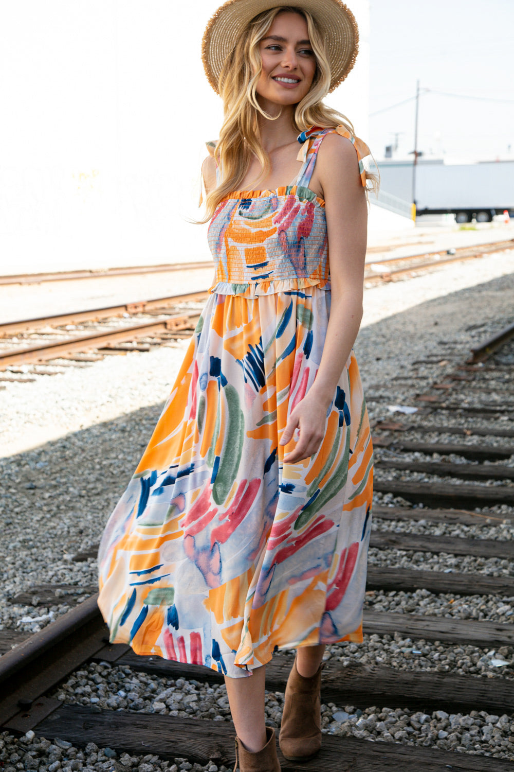 A vibrant multicolor maxi dress featuring a smocked bodice, shoulder tie straps, and ruffle details, perfect for spring occasions.